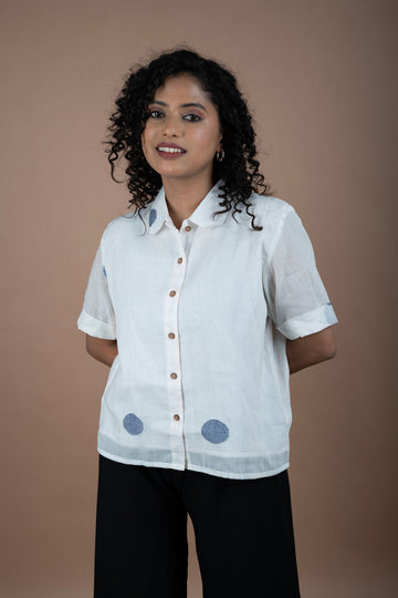 Off-White Jamdani Shirt – Blue Polka Dots Print